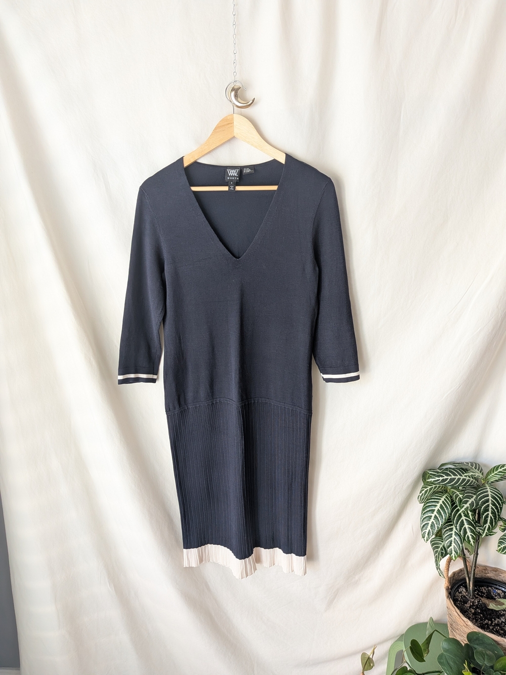 Worth Navy Silk Pleated Midi Dress